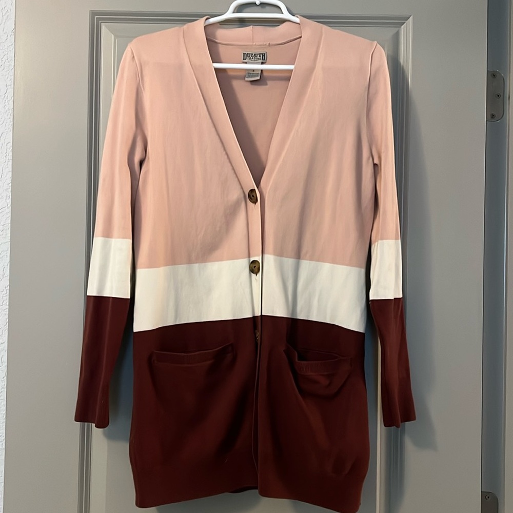 Duluth Trading Long Cardigan Sweater Longline Colorblock Coral/Ivory/Wine
